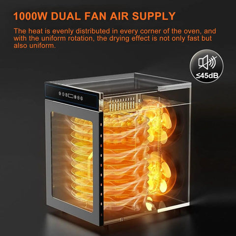 Whisper Quiet Electric Food Dehydrator with 360 Rotating Trays, Glass Window, and Dual Fan System for Efficient Drying.