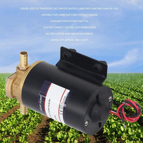 Heavy-Duty Self Priming Brass Gear Pump With 12V And 24V Electric Fuel Transfer Capabilities For Diesel Oil And Saltwater Applications Featuring Sturdy Solid Brass Housing And Vibration Absorbing Rubber Base For Long Lasting Industrial Use Performance