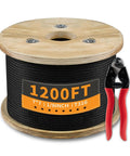 Top Shelf 1/8 Black T316 Stainless Steel Cable Railing 1200 Ft With Cable Cutter, showcasing spool and cutter for deck projects.