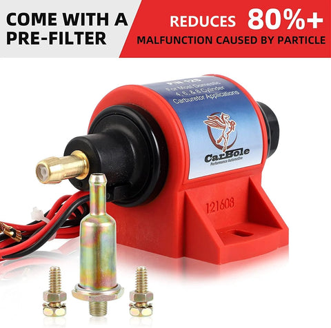 Micro Electric Gasoline Fuel Pump 35 GPH Four To Seven PSI Universal Five Sixteenth Inch Inlet Outlet Twelve Volt One To Two Amp Transfer Pump For Carbureted Rides Not For Fuel Injected Engines Fits Most Domestic Four Six And Eight Cylinder Engines with pre-filter and installation bolts.
