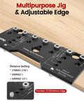 Precision 7 Hole Shelf Pin Jig And Woodworking Drill Guide showing distance settings of 37MM, 50MM, and 64MM for cabinet projects.