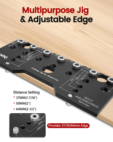 Precision 7 Hole Shelf Pin Jig And Woodworking Drill Guide showing distance settings of 37MM, 50MM, and 64MM for cabinet projects.