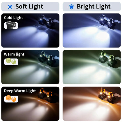 Hands Free LED Magnifier Glasses With 14 Interchangeable Lenses 3X To 15X showing different light settings for jewelry and crafts