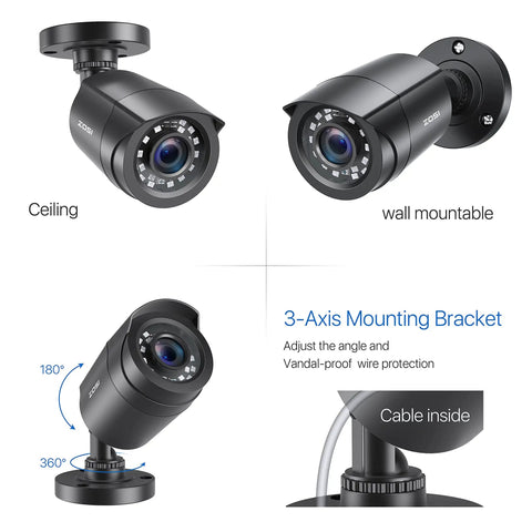 Four Pack 2MP 1080p HD TVI Outdoor Indoor Security Cameras With 24 LEDs, 80ft Night Vision, 90 Degree View, Weatherproof IP66 Bullet CCTV Cameras In Black