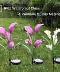 Three Pack Solar Garden Stake Lights With Realistic Calla Lily Flowers, Waterproof Outdoor LED Path Lights, Seven Color Changing LEDs