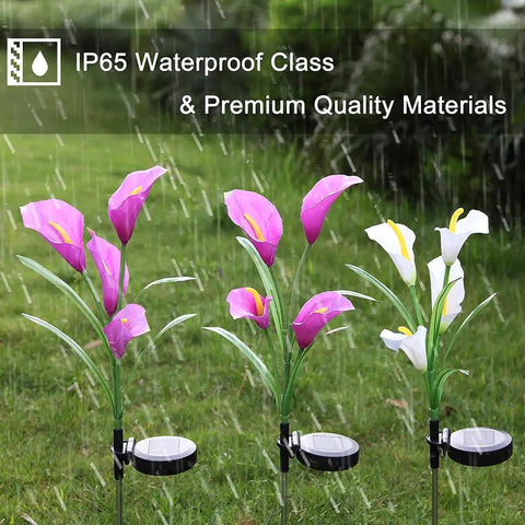 Three Pack Solar Garden Stake Lights With Realistic Calla Lily Flowers, Waterproof Outdoor LED Path Lights, Seven Color Changing LEDs