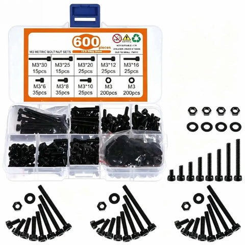 600Pcs M3 Screws And 12.9 Alloy Steel Nuts Bolts Set, Black Zinc Plated Hex Socket Head, Washers Included, DIY Hardware