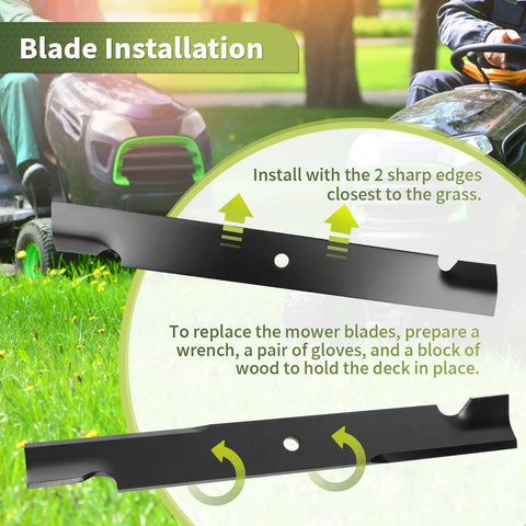 Blade installation instructions for 60 Inch Deck High Lift Lawn Mower Blades 3 Pack Replaces 105-7718-03 and 115-9649-03.