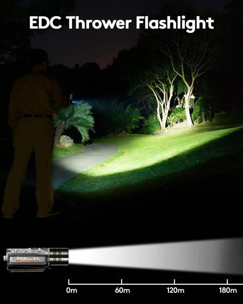Pocket EDC USB C Rechargeable Flashlight With Magnetic Clip Bright White LED illuminating a garden path at night