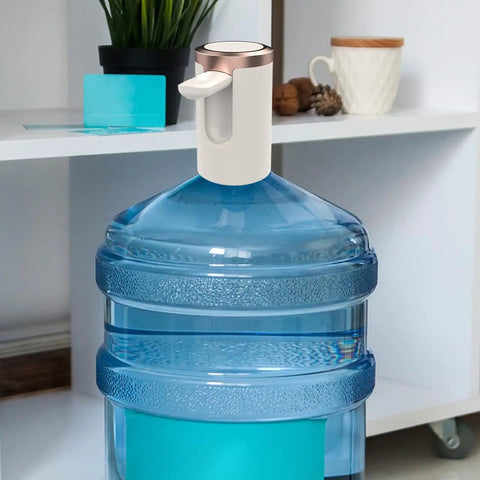 Electric Water Jug Pump For Home Office Kitchen Counter Drinking Quiet Bottle Dispenser Pump Portable Water Bottle Pump attached to a blue water jug