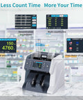 Money Counter Machine For Business With Mixed Denomination And Multi Currency Counting Value Counting Auto Recognition CIS UV MG IR Counterfeit Detection Bill Counter Batch And Accumulation Modes Pro Grade Readout And Quick Verification displayed on a counter with digital screens showing currency details.