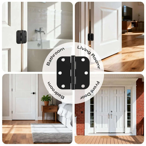 Matte Black 18 Pack Interior Door Hinges 3.5 Inch 5/8 Radius Round No Squeak Ball Bearing shown on various doors in a home