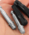 100 Piece Cam Lock Fittings With Invisible Hardware Self Tapping Cabinet Connectors and Nylon Wood Dowel Plugs in hand, showing steel and nylon materials.