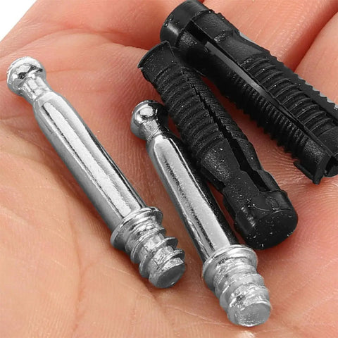 100 Piece Cam Lock Fittings With Invisible Hardware Self Tapping Cabinet Connectors and Nylon Wood Dowel Plugs in hand, showing steel and nylon materials.