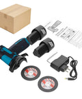 Beast Cordless Angle Grinder 19500 RPM With 12V Battery Pack And 2 Cutting Discs, charger, and manual.