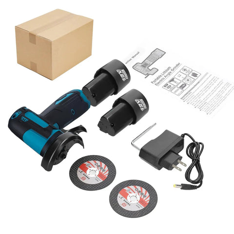 Beast Cordless Angle Grinder 19500 RPM With 12V Battery Pack And 2 Cutting Discs, charger, and manual.