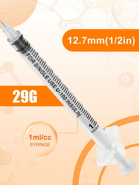 One Milliliter 29 Gauge Lab Syringe With Cap 13 Millimeter U100 Disposable Medical Syringe Pack Of 20 For Precise Lab Work And Home Science Projects That Stand Up To Quick Access And Reliable Dosing. 1 mL 29G syringe with cap, 13 mm needle, side view