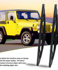 Heavy Duty Front Windshield Wiper Blades For Jeep Wrangler YJ 1987 To 2006 set, shown with yellow Jeep and clear contact design.