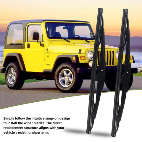 Heavy Duty Front Windshield Wiper Blades For Jeep Wrangler YJ 1987 To 2006 set, shown with yellow Jeep and clear contact design.