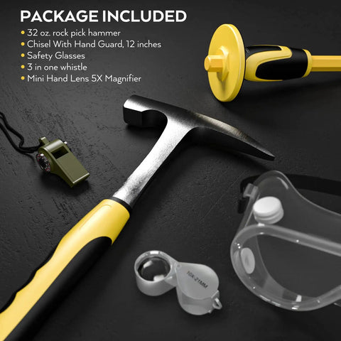 5 Piece Geology Rock Pick Kit With 32 Oz Rock Hammer And 12 Inch Masonry Concrete Chisel Safety Glasses Three In One Whistle