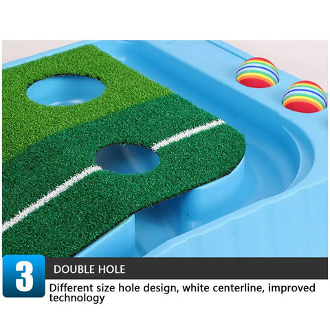 Portable Mini Putting Green Mat With Ball Return System, close-up of synthetic turf with double hole design and white centerline