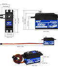 Beefy 12kg Low Profile RC Servo with high torque full metal gear, shown with dimensions and CNC aluminum case design.