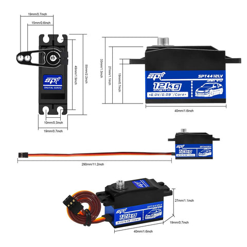 Beefy 12kg Low Profile RC Servo with high torque full metal gear, shown with dimensions and CNC aluminum case design.