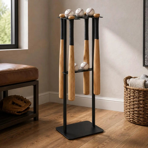 Heavy Duty Baseball Bat Stand With Badass Iron Frame Hella Tough Sports Equipment Rack for displaying four bats and five balls.