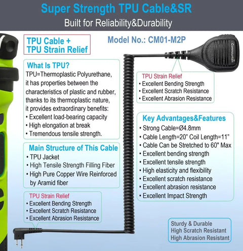Detailed view of TPU cable and 2-pin speaker microphone with strain relief for durability and flexibility.