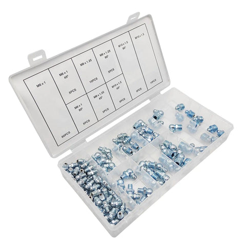 110 Piece Metric Grease Fittings Kit With Standard Straight 45 Degree And 90 Degree Angled Zerk Nipples in open case