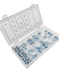 Open case of 110Pcs Grease Zerk Fittings Metric Kit with straight and angled zerks, for auto shop and industrial use, easy to grab compartments.