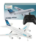 Noob Friendly A380 Inspired RC Plane with 2.4GHz Remote Control, Two Channel Design, displayed with packaging and remote