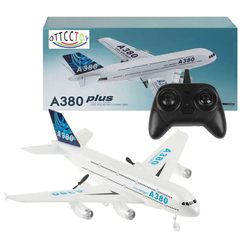 Noob Friendly A380 Inspired RC Plane with 2.4GHz Remote Control, Two Channel Design, displayed with packaging and remote