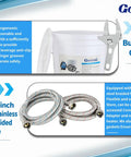 Universal Descaling Kit For Gas And Electric Tankless Water Heaters With 1/2 HP Submersible Pump showing bucket and braided hoses