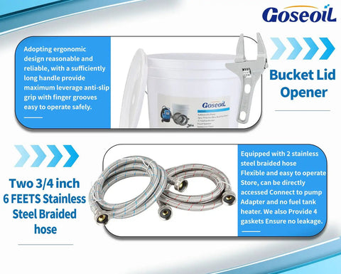 Universal Descaling Kit For Gas And Electric Tankless Water Heaters With 1/2 HP Submersible Pump showing bucket and braided hoses