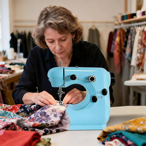 Woman using Get Your Threads Sorted Quick Super Portable Sewing Machine For Beginners on colorful fabrics at a sewing station.