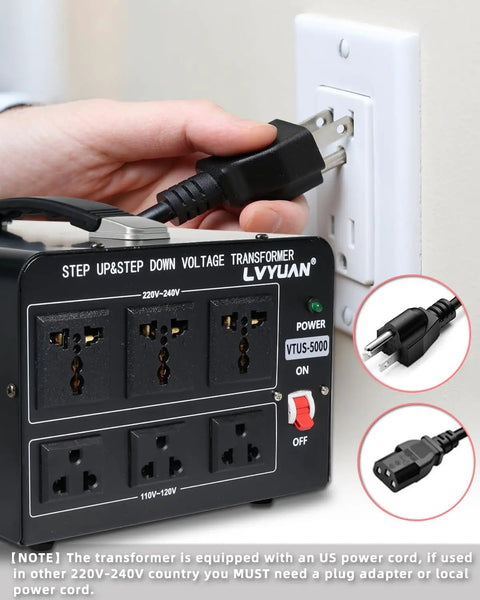 Close-up of hand plugging 5000 Watt Voltage Converter Transformer Heavy Duty Step Up And Down 110V 120V To 220V 240V into outlet.