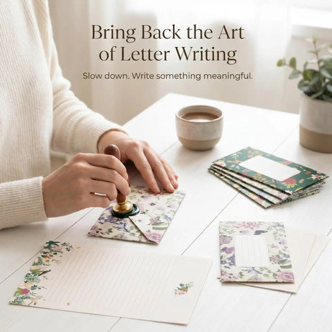 Person sealing envelope from Cute 66-Piece Stationery Kit With Envelopes No-Bleed Lined Paper Floral Designs For Beautiful Handwritten Notes