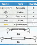 33 Piece Marine Grade Stainless Steel Sun Shade Sail Hardware Kit For Rectangle And Triangle Sails components, sizes shown