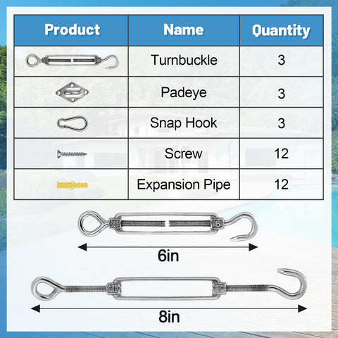 33 Piece Marine Grade Stainless Steel Sun Shade Sail Hardware Kit For Rectangle And Triangle Sails components, sizes shown