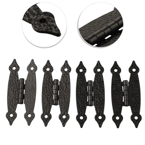 Antique H Hinge With Screws For Cabinet Doors, Retro Lace Cast Iron Hardware, detail view of textured black finish, multiple hinges