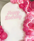 Decorated arch with 'Happy Birthday' sign and 60 Piece Hot Pink Balloon Set With Heart Latex Balloons Confetti Balloons And Ribbon Party Ready Decor For Princess Birthdays Baby Showers Weddings Bachelorette Parties And Valentines Day