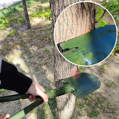 Beefy Folding Camping Shovel With Wood Saw Edge, High Carbon Steel Entrenching Tool, 18.3 Inch cutting a tree branch.