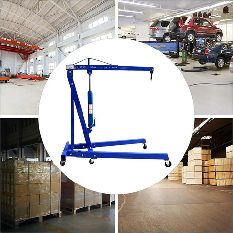 Heavy Duty 2 Ton Folding Engine Hoist Cherry Picker Jib Crane on smooth rolling swivel casters in a garage setting.