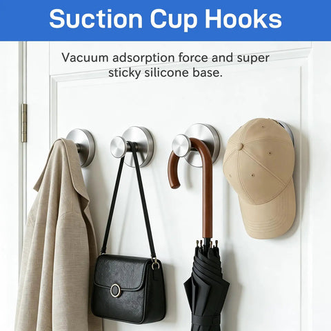 Heavy Duty Black Suction Cup Hooks Two Pack No Drill Bathroom Wall Adhesive Rack For Towels Robes And Fitness Gear Featuring Hella Strong Silicone Base holding a coat, bag, umbrella, and hat.