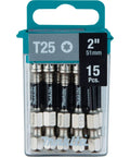 Impact XPS T25 Torx 2 Inch Power Bit Set, 15 Pack with precision machined tips shown in clear packaging