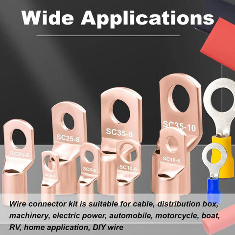 Pro Grade Copper Wire Lugs Kit For Battery Cables With Heat Shrink Includes AWG 2 To 16 Copper Ring Terminals And Connectors