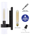 Black Indoor Wall Sconce Light Fixture With Cylinder Glass Over Mirror For Vanity Bedroom Kitchen Sink Hallway And Living Room Modern Dope Bath Lighting That Is Easy To Install And Use, showing design and installation icons.
