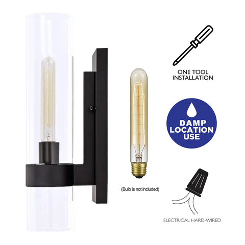 Black Indoor Wall Sconce Light Fixture With Cylinder Glass Over Mirror For Vanity Bedroom Kitchen Sink Hallway And Living Room Modern Dope Bath Lighting That Is Easy To Install And Use, showing design and installation icons.