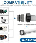 Compatibility chart for Pool Hose Adapter Kit 40mm To 1.5 Inch For Above Ground Pools showing connections with pumps and filters